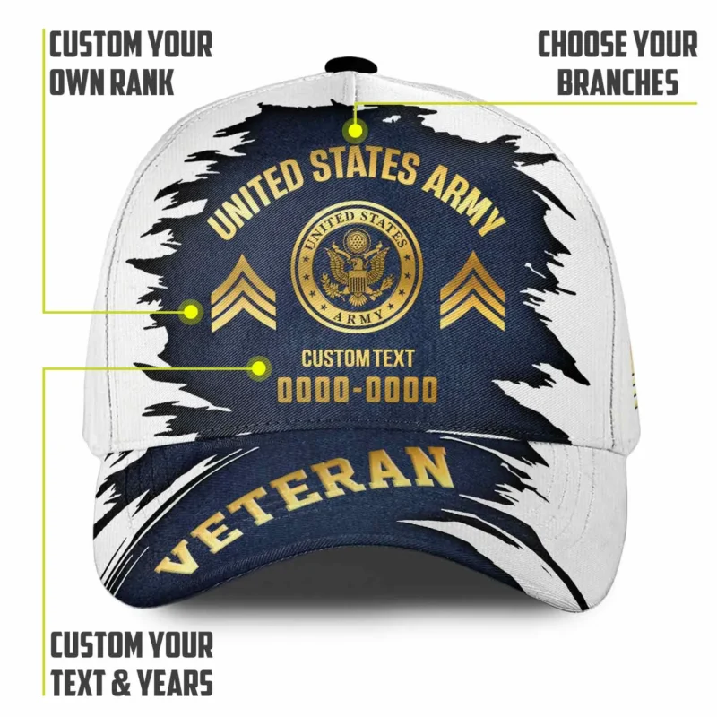 Custom "Torn Reveal" U.S Veteran Printed Hat - Personalized Branch, Rank & Years #000188