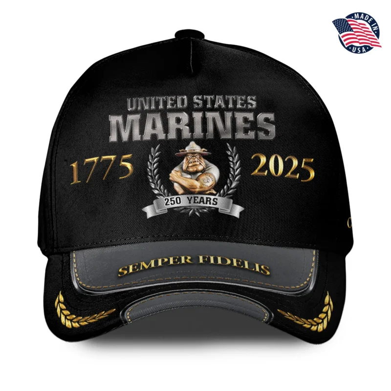 Custom USMC 250th Anniversary Bulldog Printed Hat - Personalized Rank & Name #000223