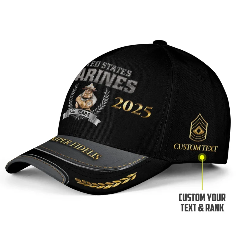 Custom USMC 250th Anniversary Bulldog Printed Hat - Personalized Rank & Name #000223