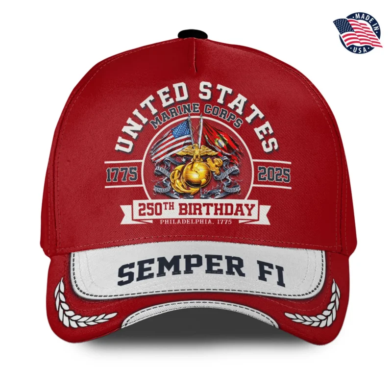 Custom USMC 250th Anniversary Printed Hat - Personalized Rank & Name #000222