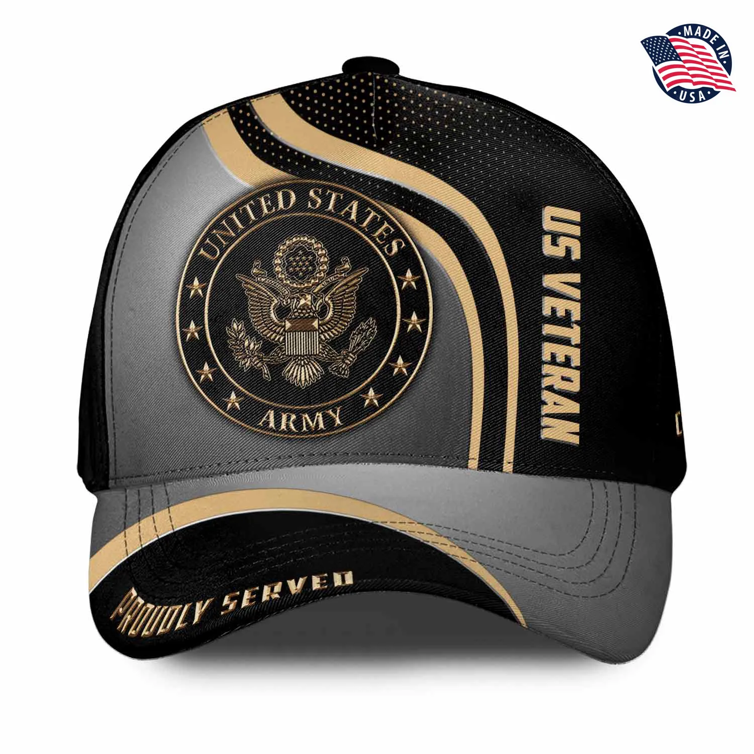 Customized Branch U.S Veteran Hat - The Executive Black & Gold Dynamic Design - Modern Military Cap #000197