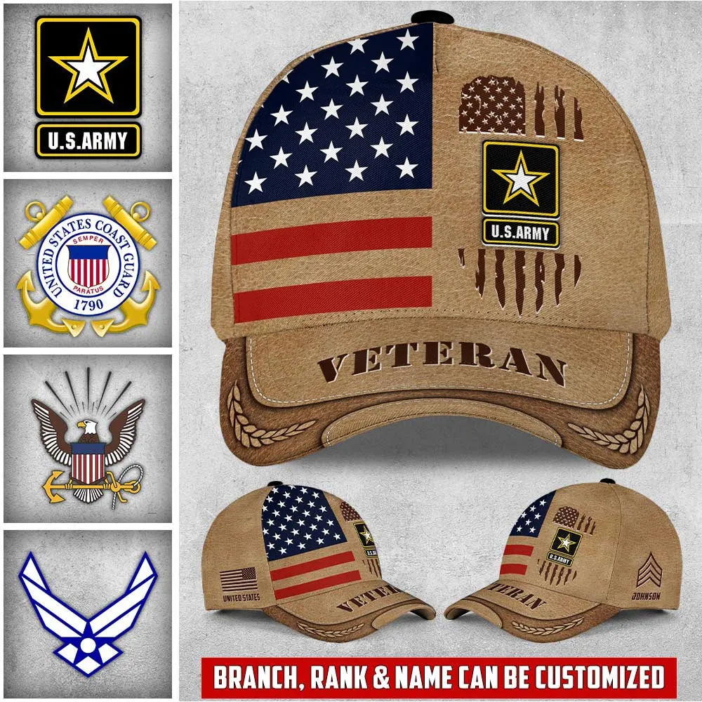 Custom Tattered Flag U.S Veteran Printed Hat - Personalized Branch, Rank & Name #000256